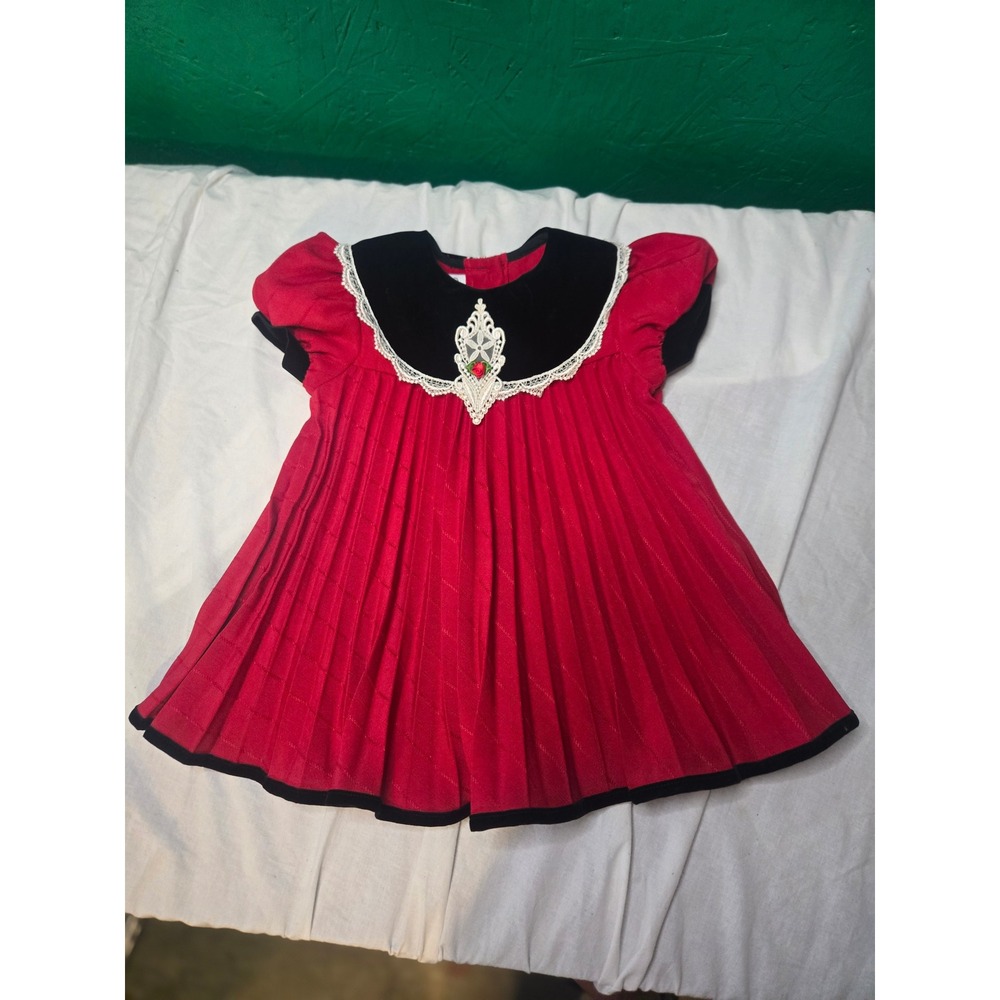 Rose Cottage Red Pleated Velvet Lace Collar Christmas Holiday Dress 18M Vintage